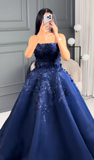 Navy Blue Strapless A-Line Tulle Long Prom Dresses Formal Evening Gowns with Appliques HZ1024