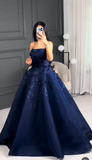 Navy Blue Strapless A-Line Tulle Long Prom Dresses Formal Evening Gowns with Appliques HZ1024