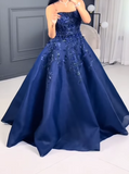 Navy Blue Strapless A-Line Tulle Long Prom Dresses Formal Evening Gowns with Appliques HZ1024