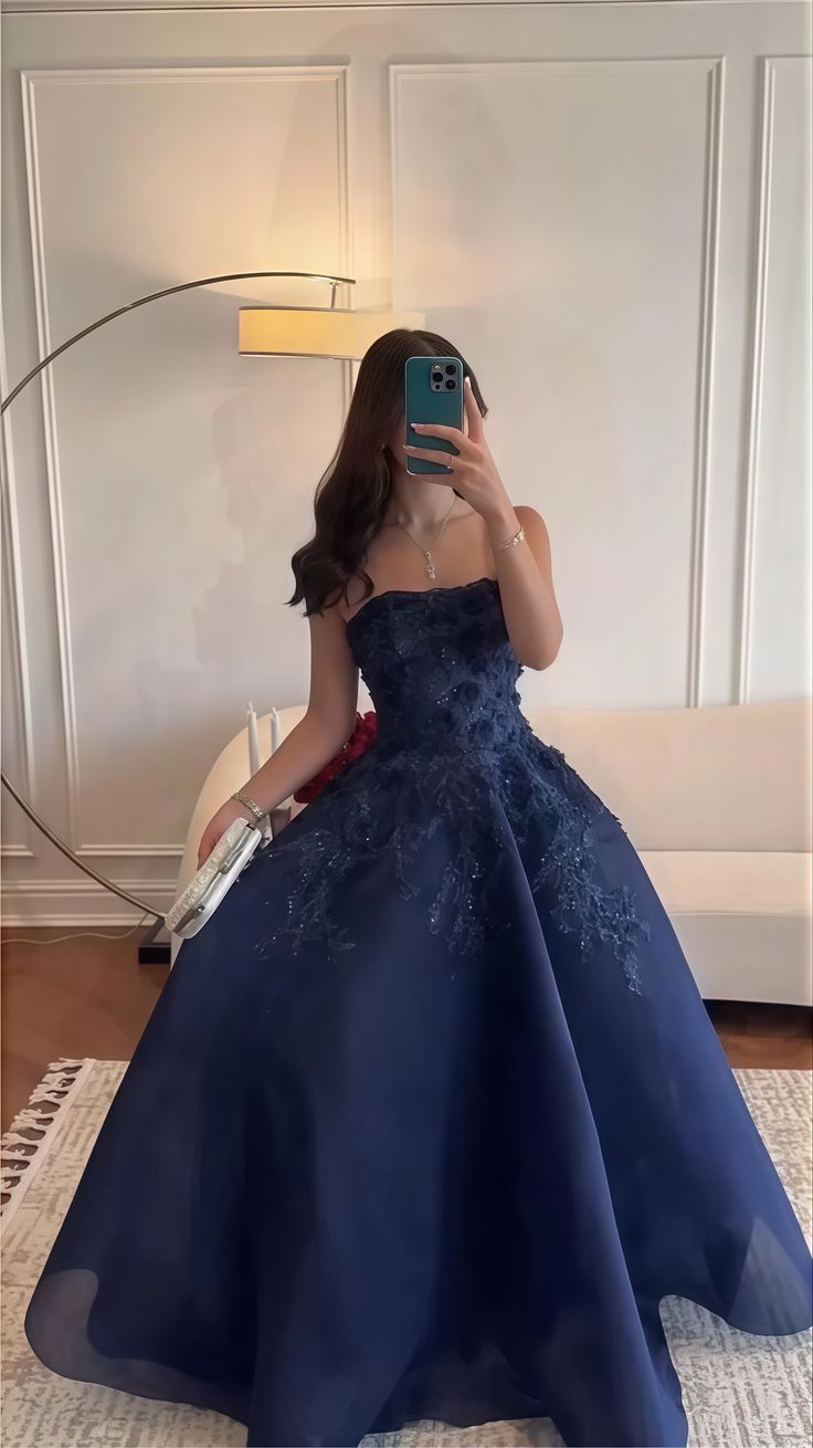 Navy Blue Strapless A-Line Tulle Long Prom Dresses Formal Evening Gowns with Appliques HZ1024