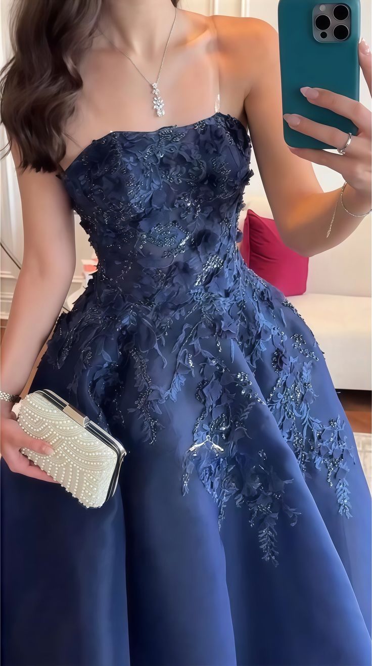 Navy Blue Strapless A-Line Tulle Long Prom Dresses Formal Evening Gowns with Appliques HZ1024