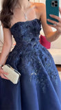 Navy Blue Strapless A-Line Tulle Long Prom Dresses Formal Evening Gowns with Appliques HZ1024