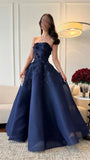 Navy Blue Strapless A-Line Tulle Long Prom Dresses Formal Evening Gowns with Appliques HZ1024