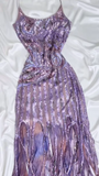 Purple Spaghetti Straps Sheath Sequin Chiffon Long Stunning Prom Dresses with Tassels & Beading HZ1024
