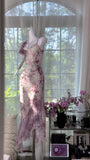 V-neck Sheath Printed Chiffon Long Prom Dresses Retro Evening Gowns HZ1024