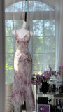 V-neck Sheath Printed Chiffon Long Prom Dresses Retro Evening Gowns HZ1024