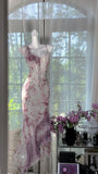 V-neck Sheath Printed Chiffon Long Prom Dresses Retro Evening Gowns HZ1024