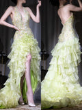Green Halter NecHi-Lok Tulle Beaded Long Prom Dresses with Open Back HZ1024