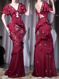 Deep Red V Neck Mermaid Beaded Chiffon Long Prom Dresses Elegant Evening Gowns HZ1024