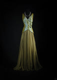 Green V-neck A-Line Tulle Satin Long Prom Dresses Retro Evening Gowns HZ1024