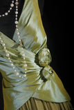 Green V-neck A-Line Tulle Satin Long Prom Dresses Retro Evening Gowns HZ1024