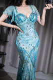Blue Sweetheart Neck Sheath Chiffon Prom Dresses HZ1024