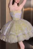 Green Strapless A-Line Tulle Short Prom Dresses Sweet 16 Dress HZ1024