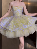 Green Strapless A-Line Tulle Short Prom Dresses Sweet 16 Dress HZ1024