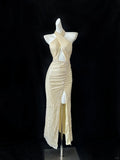 Light Yellow Halter Neck Sheath Sequin Evening Dress Elegant Party Dress HZ1024