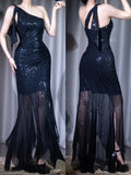 Black One Shoulder Mermaid Tulle Sequin Long Prom Dresses Elegant Evening Dresses HZ1024