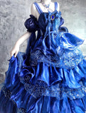 Blue Spaghetti Straps A-Line Satin Sequin Long Prom Dresses Gorgeous Birthday Evening Gowns HZ1024