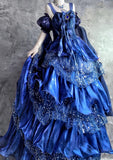 Blue Spaghetti Straps A-Line Satin Sequin Long Prom Dresses Gorgeous Birthday Evening Gowns HZ1024