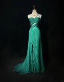 Green One Shoulder Sheath Tulle Long Prom Dresses Elegant Evening Gowns HZ1024