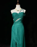 Green One Shoulder Sheath Tulle Long Prom Dresses Elegant Evening Gowns HZ1024