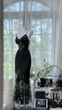 Black Spaghetti Straps Mermaid Lace Satin Prom Dresses Vintage Evening Gowns with Beadings HZ1024