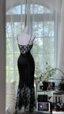 Black Spaghetti Straps Mermaid Lace Satin Prom Dresses Vintage Evening Gowns with Beadings HZ1024