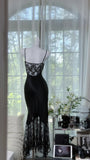 Black Spaghetti Straps Mermaid Lace Satin Prom Dresses Vintage Evening Gowns with Beadings HZ1024
