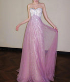 Pink Sweetheart A-Line Tulle Sequins Long Prom Dresses Elegant Formal Evening Gowns HZ1024