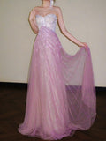 Pink Sweetheart A-Line Tulle Sequins Long Prom Dresses Elegant Formal Evening Gowns HZ1024
