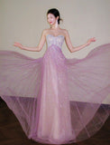 Pink Sweetheart A-Line Tulle Sequins Long Prom Dresses Elegant Formal Evening Gowns HZ1024