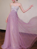 Pink Sweetheart A-Line Tulle Sequins Long Prom Dresses Elegant Formal Evening Gowns HZ1024