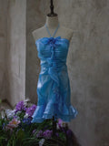 Blue Halter Bodycon Chiffon Short Prom Dresses Gorgeous Party Dress HZ1024