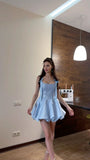 Blue Square Neck A-Line Satin Short Prom Dresses Fashion Homecoming Dress HZ1024