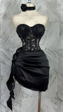 Black Sweetheart Party Dress A-Line Satin Applique Short Evening Dress Sexy Homecoming Dress HZ1024