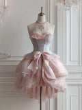 Pink Sweetheart Tulle Lace Lolita Short Evening Dress Sweet Homecoming Dress HZ1024