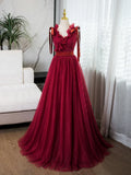 V Neck Tulle Burgundy Long Prom Dress, Burgundy Long Evening Dresses HZ1024