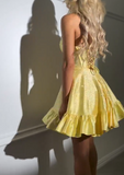 Yellow Strapless A-Line Satin Sequin Short Evening Dress Fashion Homecoming Dress HZ1024