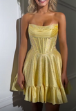 Yellow Strapless A-Line Satin Sequin Short Evening Dress Fashion Homecoming Dress HZ1024