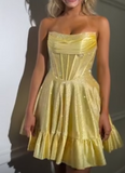 Yellow Strapless A-Line Satin Sequin Short Evening Dress Fashion Homecoming Dress HZ1024