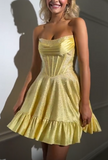 Yellow Strapless A-Line Satin Sequin Short Evening Dress Fashion Homecoming Dress HZ1024