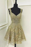 Gold Sweetheart Neck A-Line Tulle Sequin Short Prom Dresses Sweet 16 Dress HZ1024