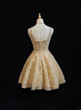 Gold Sweetheart Neck A-Line Tulle Sequin Short Prom Dresses Sweet 16 Dress HZ1024