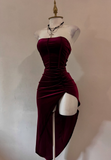 Burgundy Strapless Party Dress Bodycon Satin Short Evening Gowns Sexy Birthday Dresses HZ1024