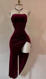 Burgundy Strapless Party Dress Bodycon Satin Short Evening Gowns Sexy Birthday Dresses HZ1024