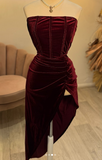 Burgundy Strapless Party Dress Bodycon Satin Short Evening Gowns Sexy Birthday Dresses HZ1024