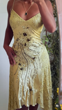 Yellow Spaghetti Straps Sheath Satin Lace Short Prom Dresses Formal Evening Gowns with Beading HZ1024
