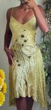 Yellow Spaghetti Straps Sheath Satin Lace Short Prom Dresses Formal Evening Gowns with Beading HZ1024