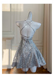 Silver Halter Neck A-Line Sequin Short Prom Dresses Formal Evening Gowns HZ1024