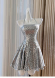 Silver Halter Neck A-Line Sequin Short Prom Dresses Formal Evening Gowns HZ1024