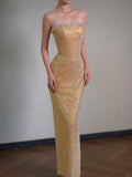 Gold Sheath Lace Sequin Long Prom Dresses, Fashion Strapless Formal Evening Gowns HZ1024